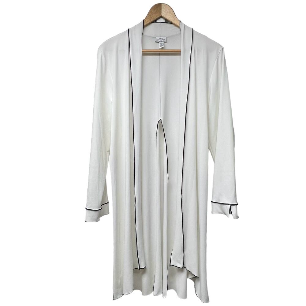 Vintage Gail Morgado Size Small White Open Long Cardigan Back Slit Black Trim
